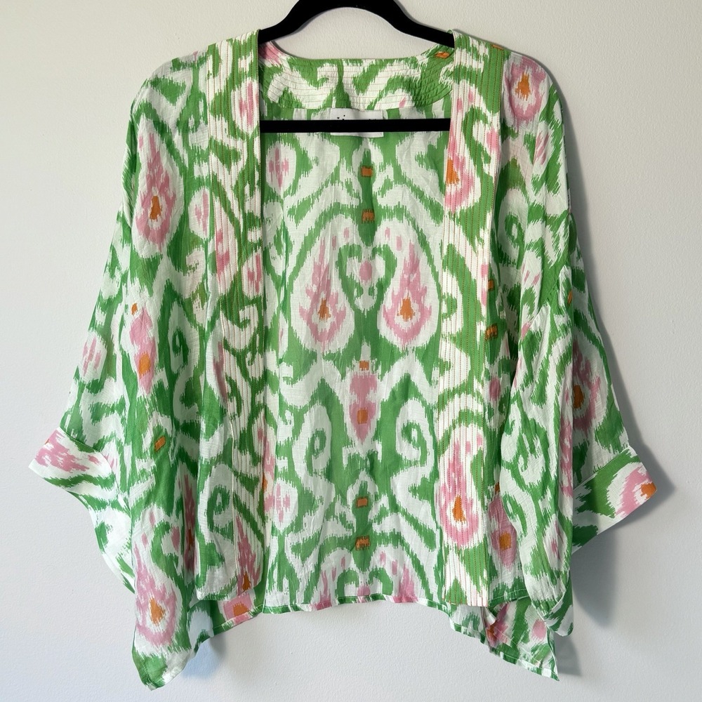 One Hundred Stars Kimono Green Pink Ikat Paisley Boho Summer Open Cardigan OS
